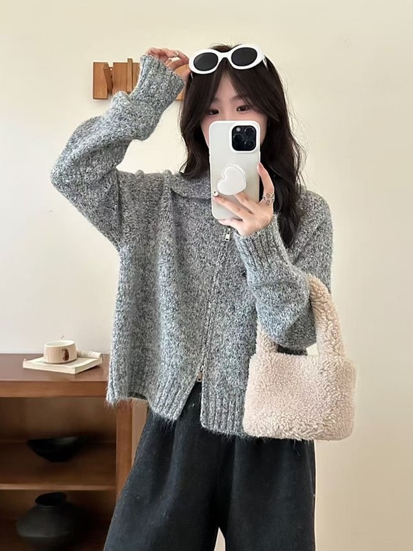 慵懒软糯翻领杂线双拉链毛衣外套女秋冬新款宽松针织开衫韩系上衣|undefined