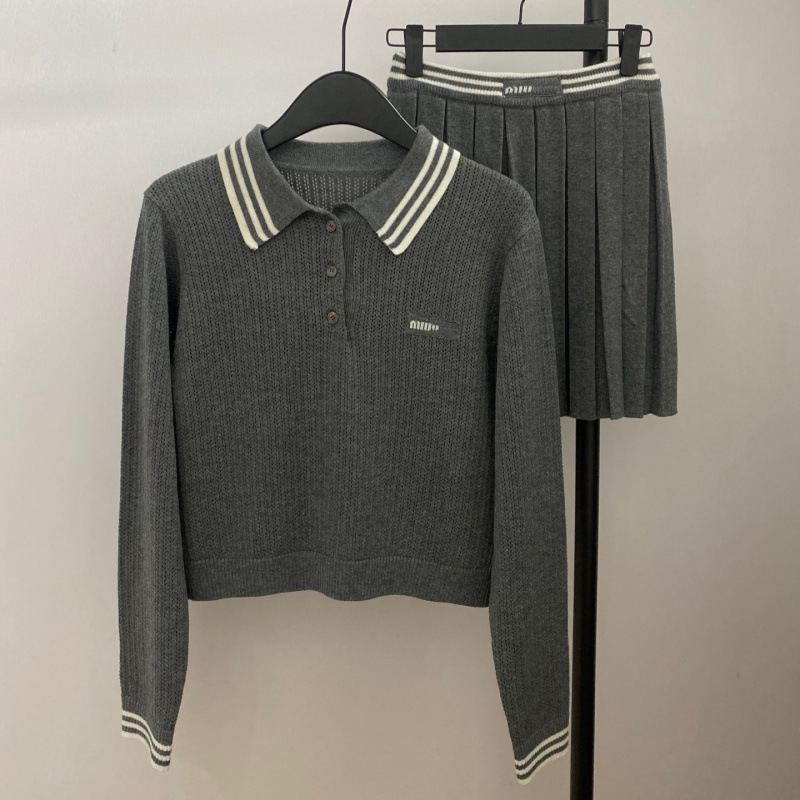 Shenzhen Nanyou Goods~ High-End Version m Brand 2026 Early Autumn New Miu Miu Academy Style Casual Wool Polo Knit Set