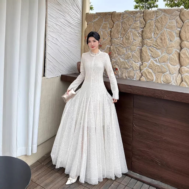 Vietnam 2026 French-Style High-End Wedding Dress with Long Sleeves, Sequins, Solid Color, Toast Dress, Birthday Party Dress, Gown
