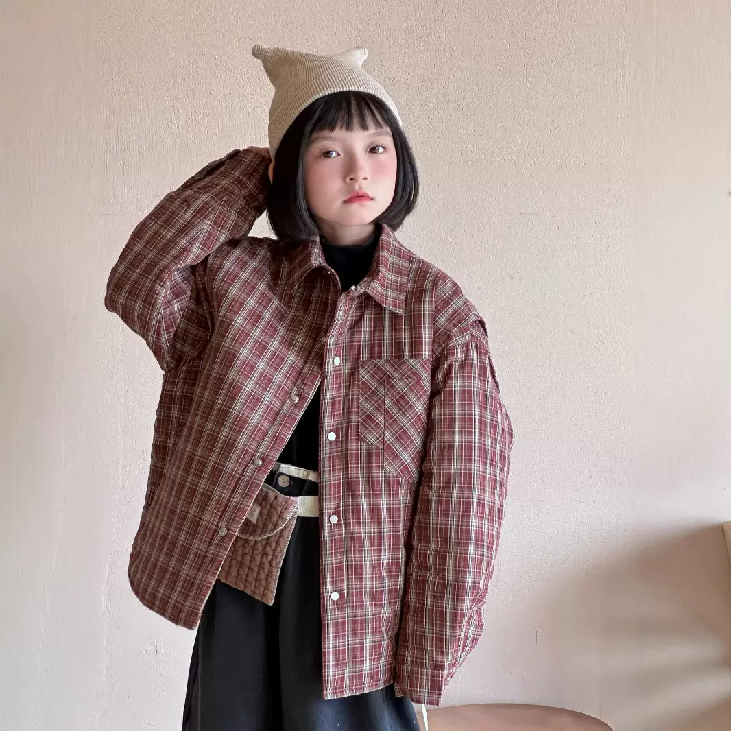 2025冬季新款儿童百搭加棉格子衬衫男女童设计感保暖衬衣外套洋气