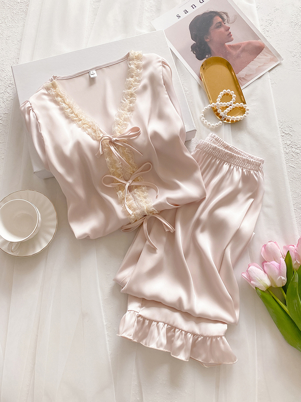 甜美公主风真丝睡衣女春秋季长袖桑蚕丝绸缎感家居服套装夏天|undefined