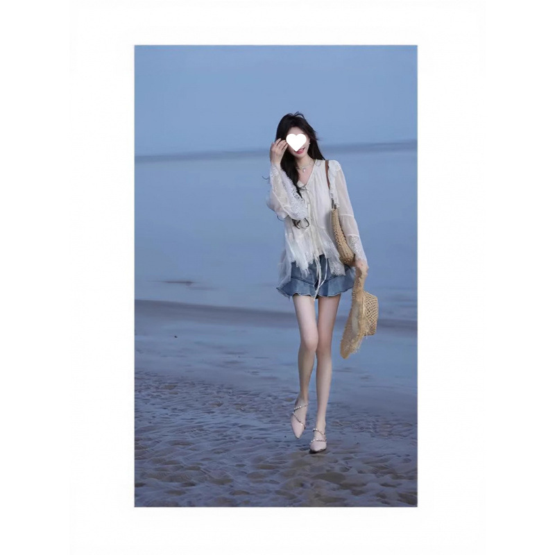 夏季2025新款一整套女装韩系穿搭氛围感蕾丝拼接衬衣牛仔喇叭|undefined