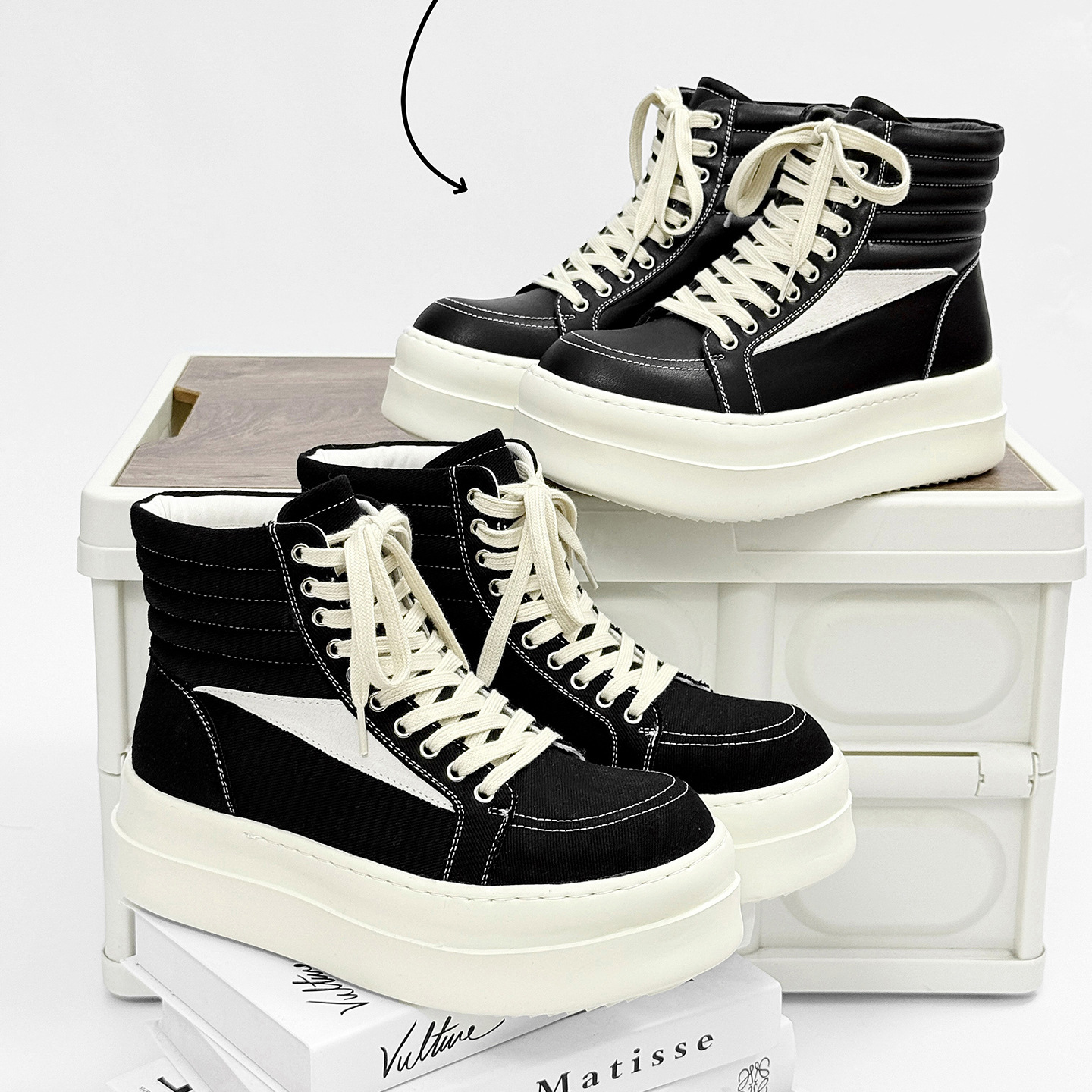 ro倒三角黑白高帮休闲男欧美真皮厚底增高时尚板鞋情侣休闲短靴子