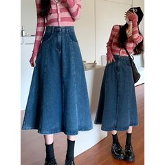 2025春秋新作大きいサイズAラインアンブレラスカート、洋梨体型女性向け、ハイウエスト痩身ミドル丈デニムスカートイン