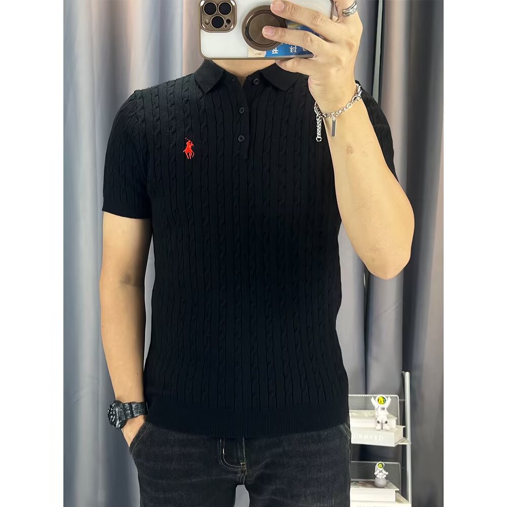 Men's Polo Knit Shirt Short Sleeve With Cable Stitch & Equestrian Embroidery - Old Money Style Summer Casual Shirt_voghion.com