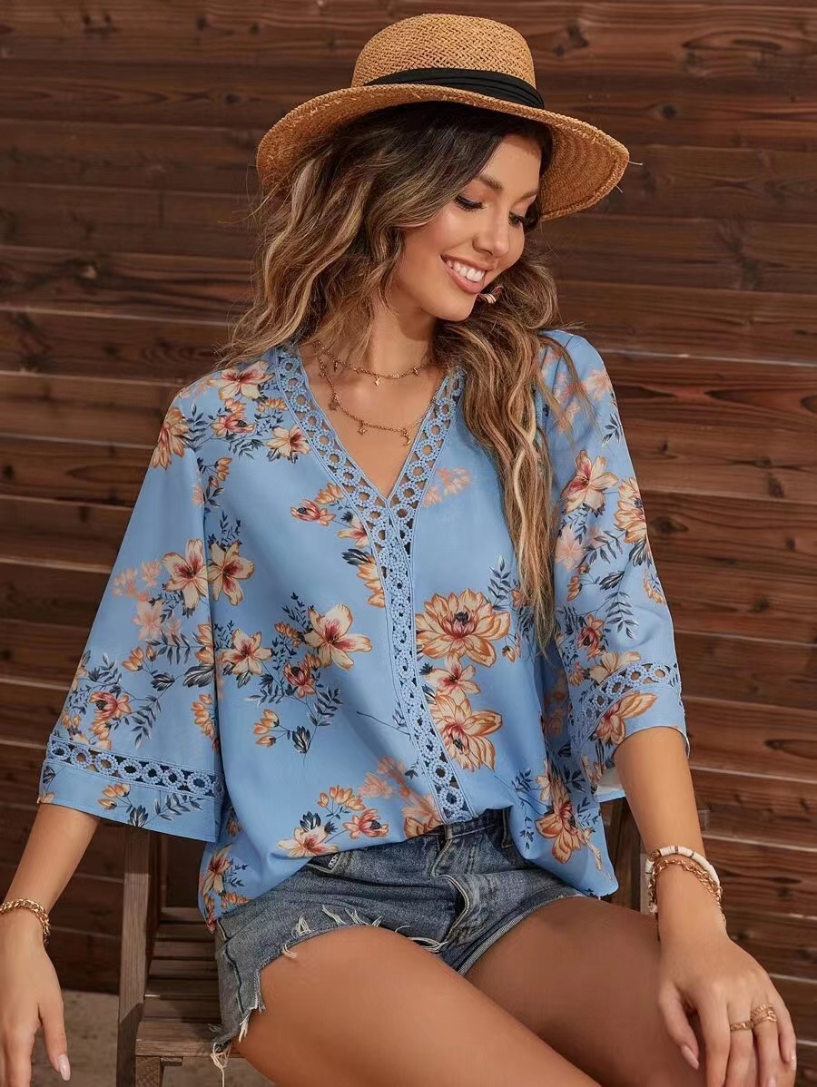 Women's Loose Fit V Neck Flared Sleeve Lace Chiffon Blouse – Casual Office Elegant Summer Top 2026_ecoleips.com