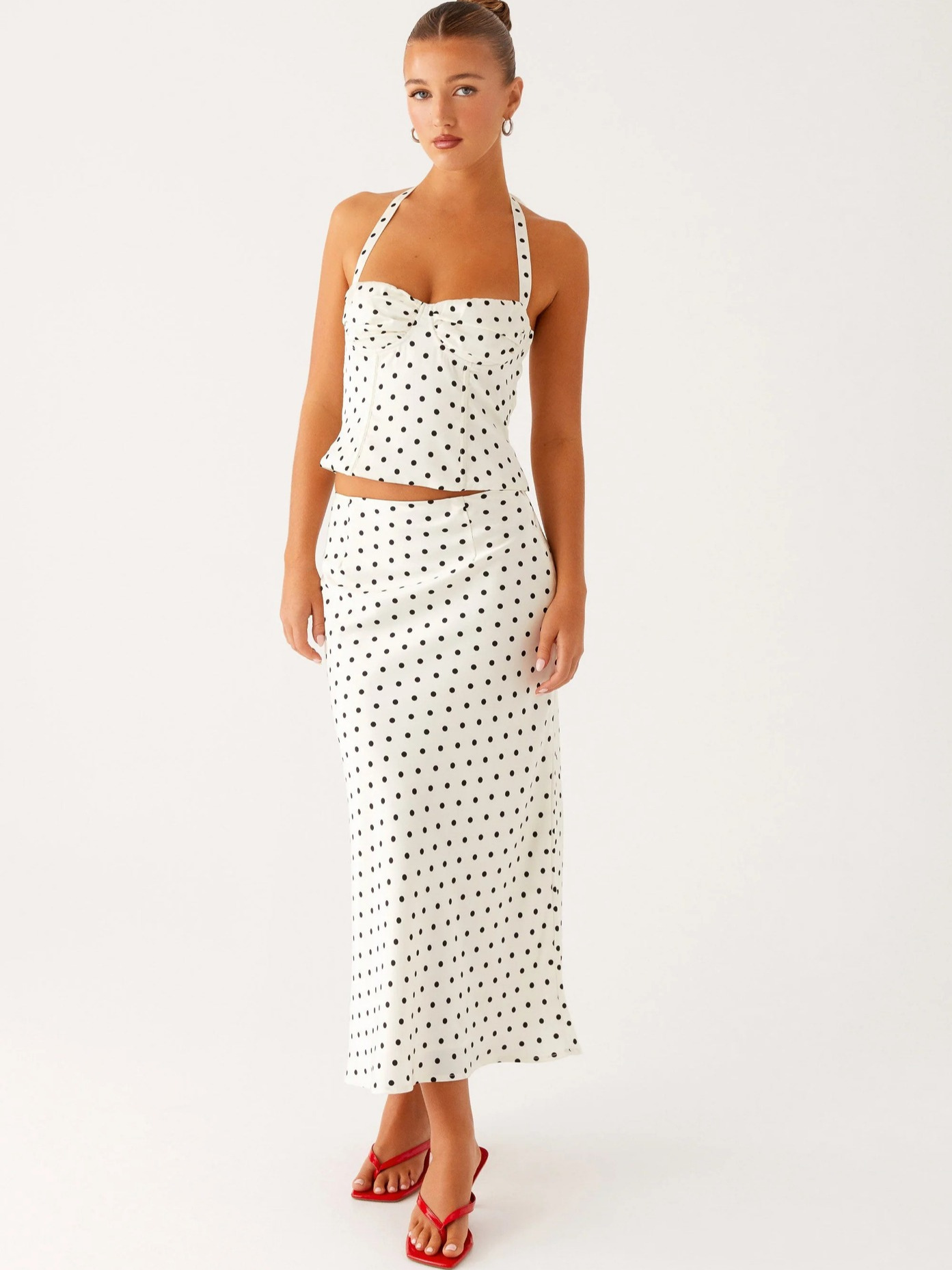 2025 European and American Women's Summer New Polka Dot Fashion Sexy Backless V-Neck Halterneck Suspender High-Waisted Long Skirt Two-Piece Set