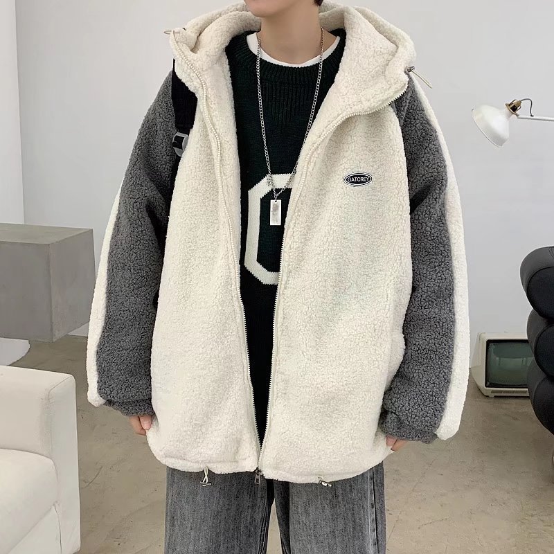 Invierno ins engrosada ropa de algodón caliente de los hombres de estilo coreano de moda suelta Cordero felpa Hong Kong estilo pareja costura abrigo