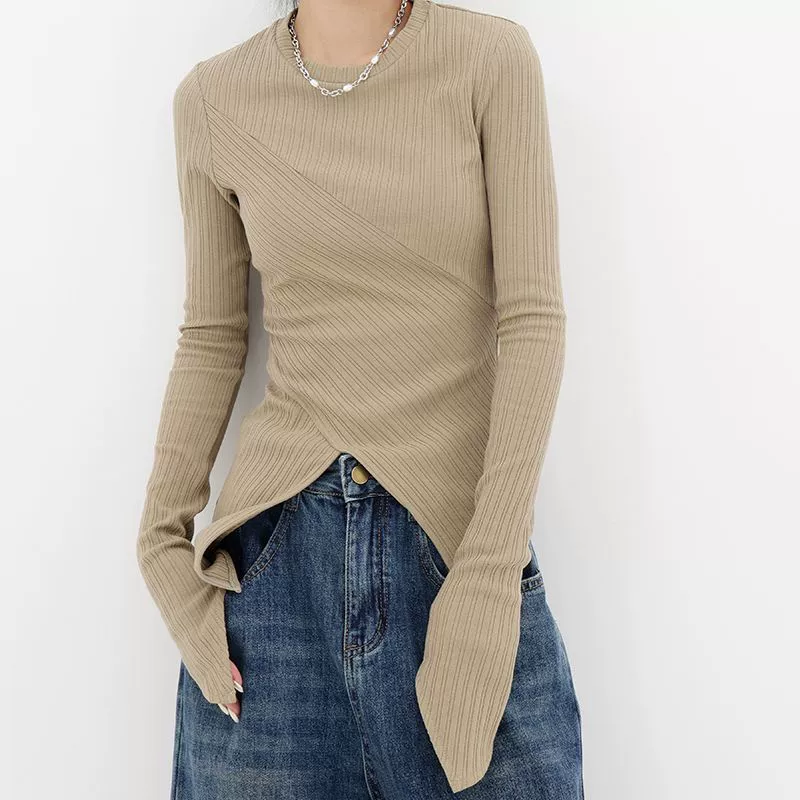 Модный Асимметричный приталенный свитер в западном стиле, приталенный женский свитер с длинным рукавом, однотонная универсальная базовая рубашка с круглым вырезом и разрезом