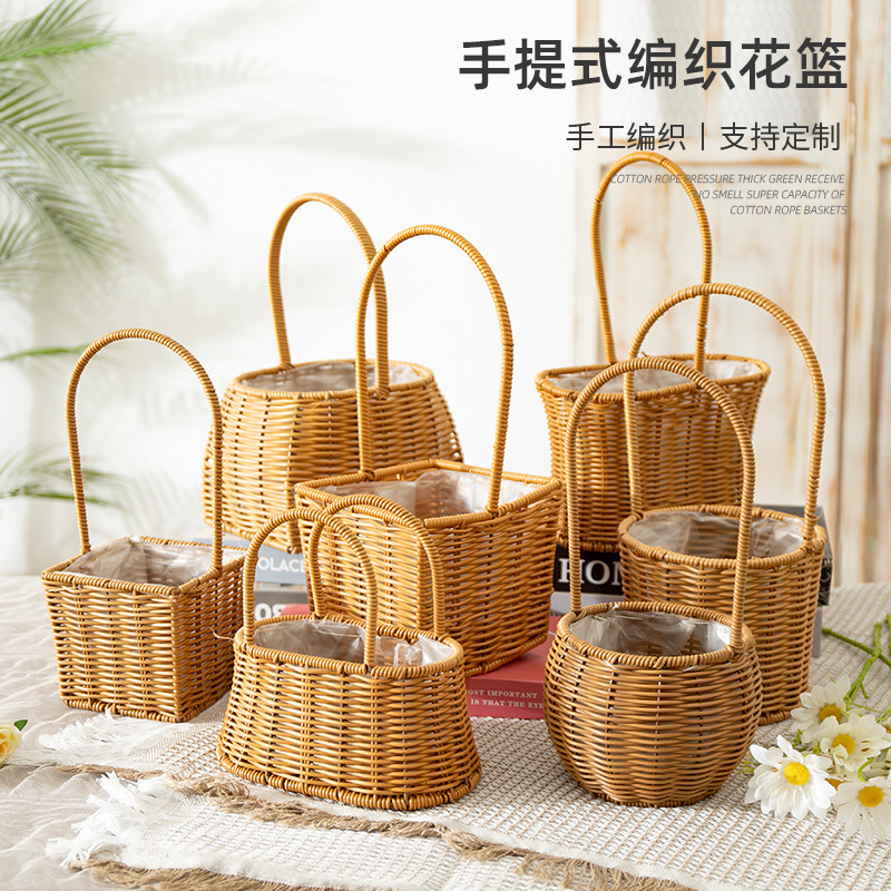 Cross-Border Woven Flower Arrangement Flower Basket Portable Flower Imitation Rattan Postpartum Handmade Basket Baby Egg Decoration Home Flower Basket Cross-Border Woven Flower Arrangement Flower Basket Portable Flower Imitation Rattan Postpartum Handmade Basket Baby Egg Decoration Home Flower Basket