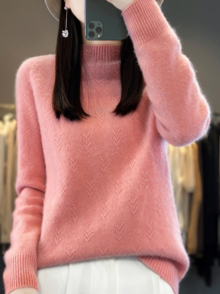 Half-Turtleneck Jacquard Wool Sweater, Autumn and Winter Style, Loose and Versatile Cashmere Knit Sweater, Skin-Friendly and Warm Base Layer Top