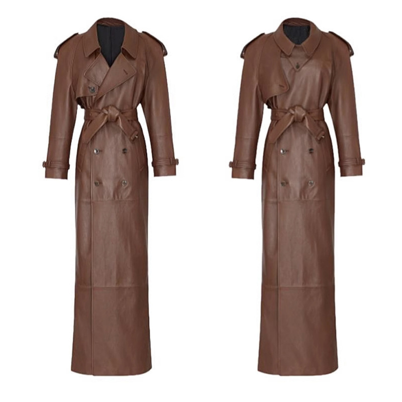 Genuine Leather Jacket Hn23020 European and American Elegant British Style Goatskin Extra Long Belt Slim Women's Windbreaker Jacket Genuine Leather Jacket Hn23020 European and American Elegant British Style Goatskin Extra Long Belt Slim Women's Windbreaker Jacket