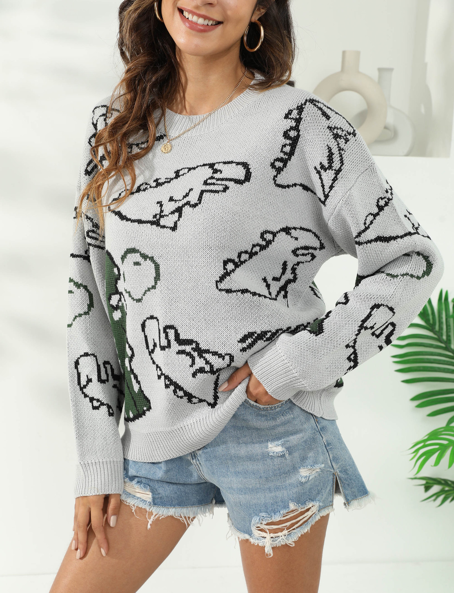 Dinosaur Jacquard Pullover Loose Sweater NSOY104697