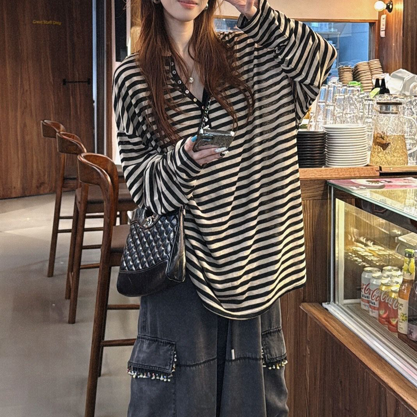 复古条纹长袖防晒T恤罩衫女士薄款透气夏季宽松慵懒百搭外穿上衣