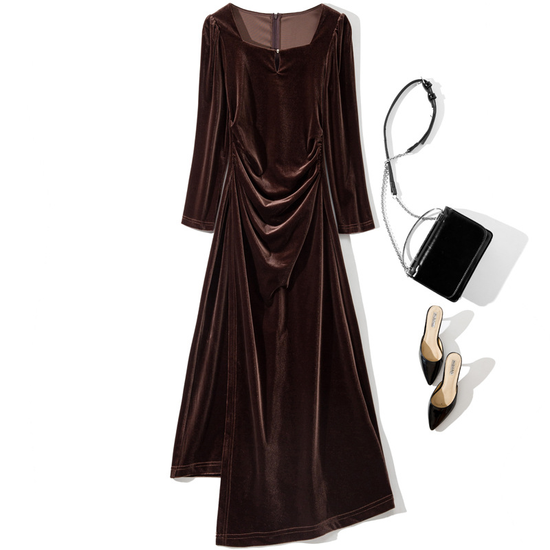 L6789 2025年春季女装新款方领气质显瘦侧开衩不规则长袖连衣裙