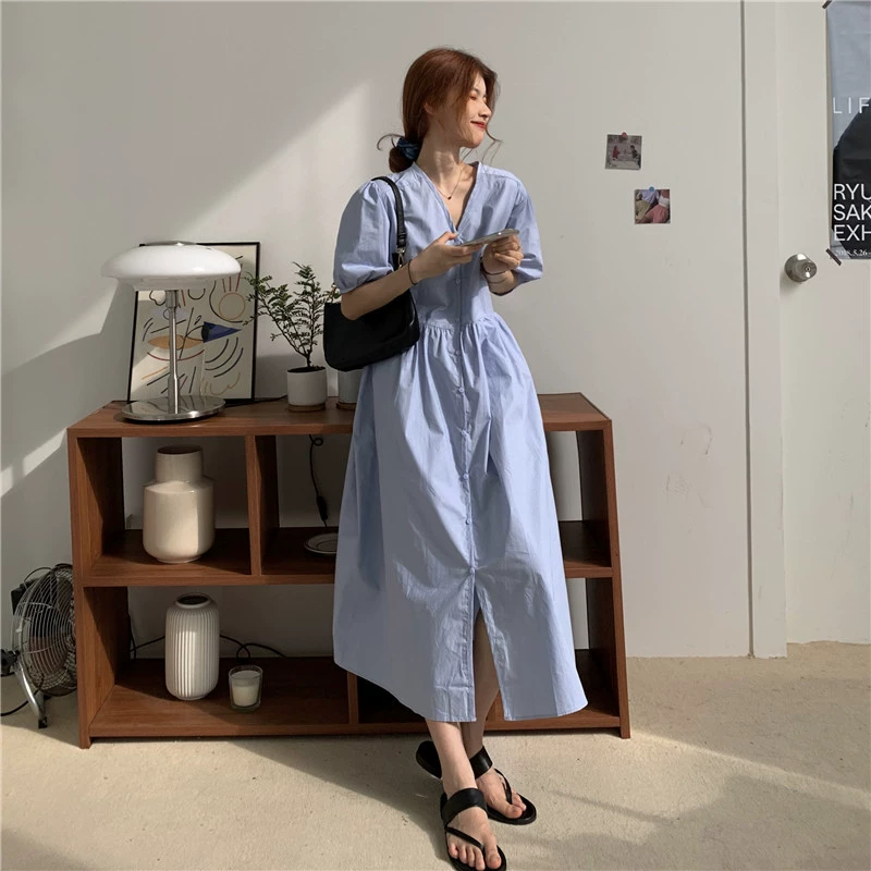 Элегантное однотонное платье средней длины со шнуровкой и V-образным вырезом в Корейском стиле