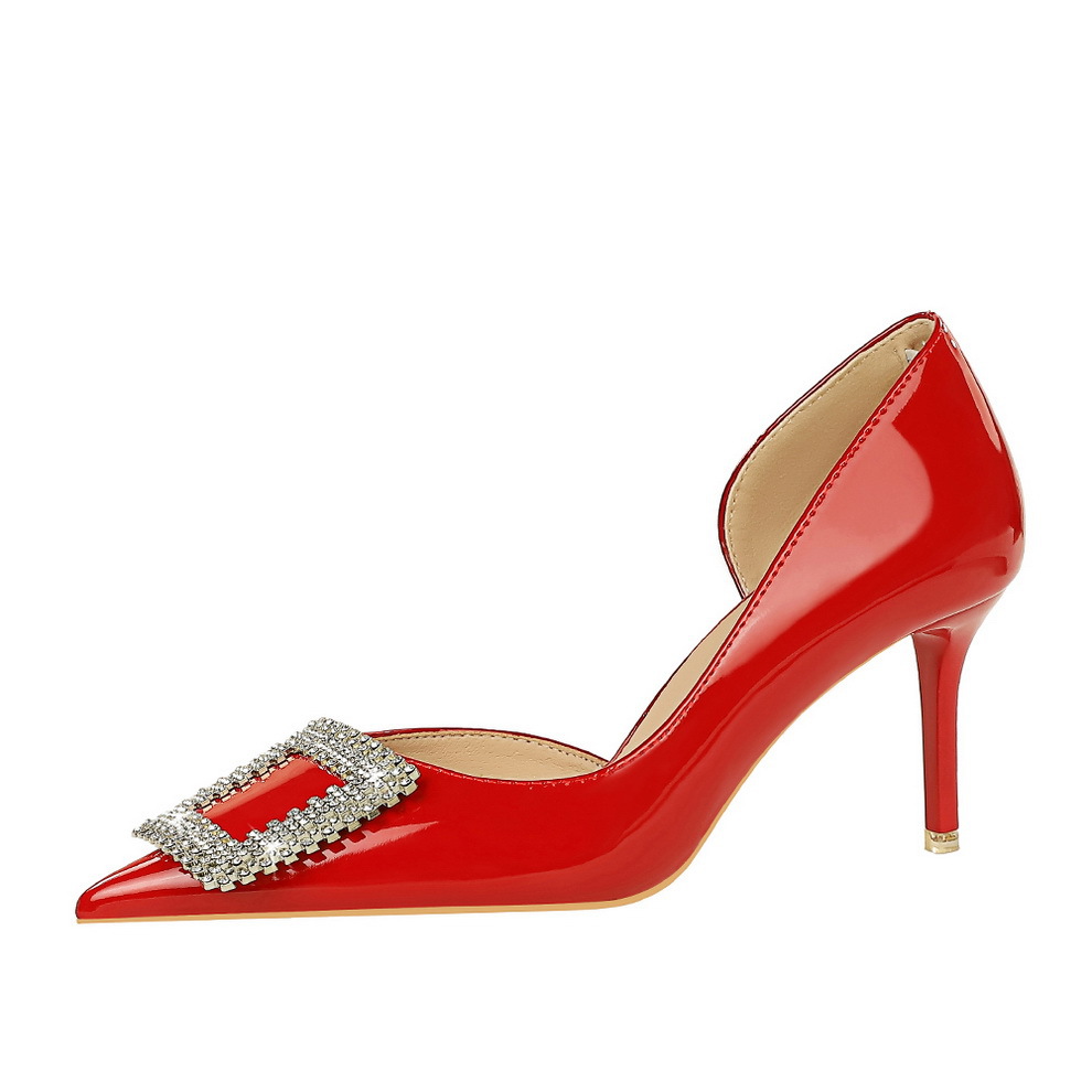 Stiletto Pumps Patent Leather Pointed Toe Rhinestone Buckle Women_voghion.com