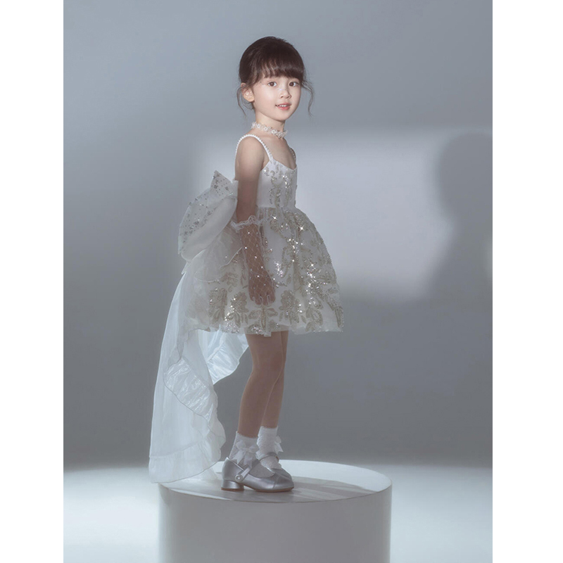 Music Box Princess Dress Children's Dress High-End Light Luxury Niche White Gown for Girls' Birthday Flower Girl Wedding Summer
