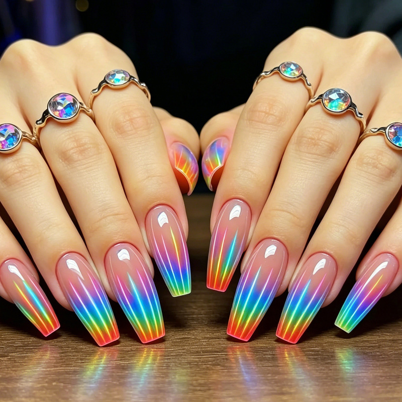 Popular foreign trade item: 24-piece nail set in sunset orange gradient holographic rainbow aurora medium-long ballet press-on nails wholesale Popular foreign trade item: 24-piece nail set in sunset orange gradient holographic rainbow aurora medium-long ballet press-on nails wholesale