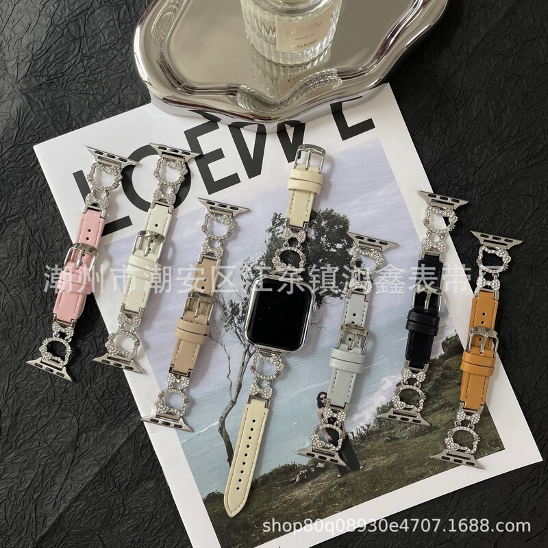 Diamond-Encrusted Kt Leather Strap Suitable for Xiaomi 10/9Pro Apple Watchs1011 Watch Wristband Huawei Watch Strap