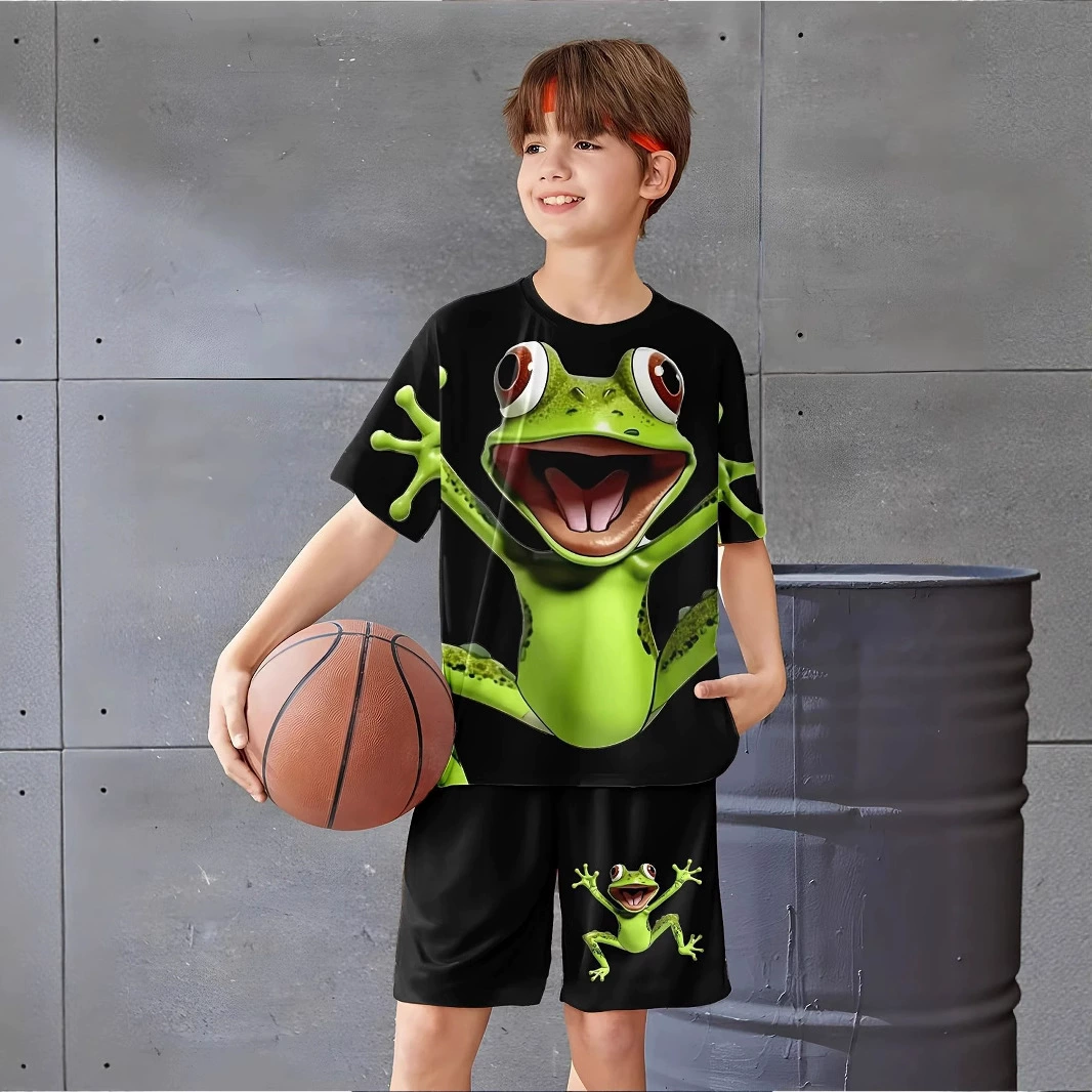 Европейская и американская трансграничная популярная новая летняя детская мужская и женская футболка с 3D цифровой печатью в одном стиле, шорты, костюм
