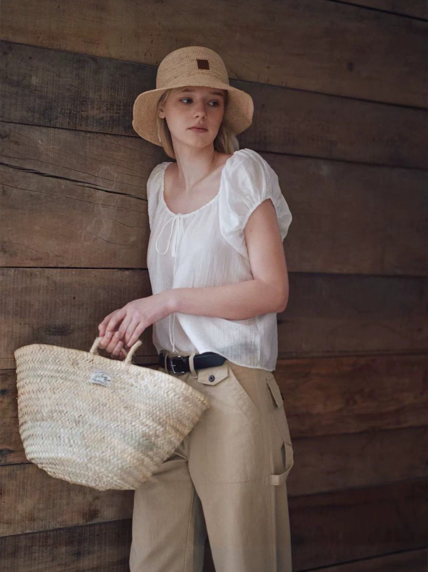 "Long Vacation" Cloud Puff Sleeve Loose Off-The-Shoulder Tie-Up Shirt Short Sleeve Top Direct from the Manufacturer