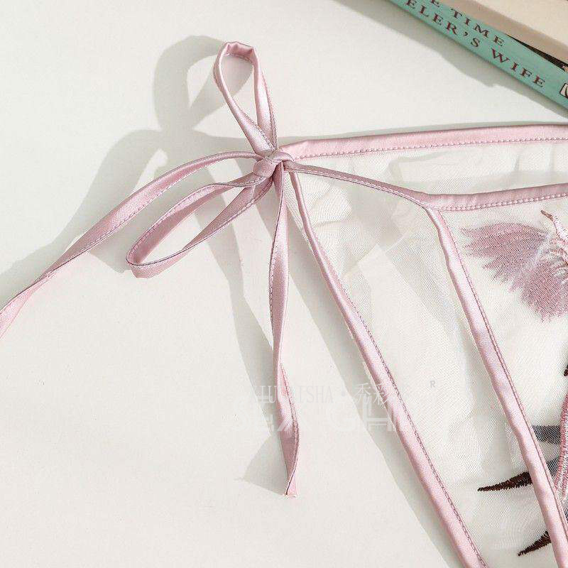 Embroidered Bellyband Lingerie Set, Sheer Mesh Pajama with White Fishnet Stockings, One Size — detail image 20