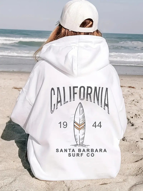 California Surf Print Kangaroo Pocket Hoodie Casual Long Sle