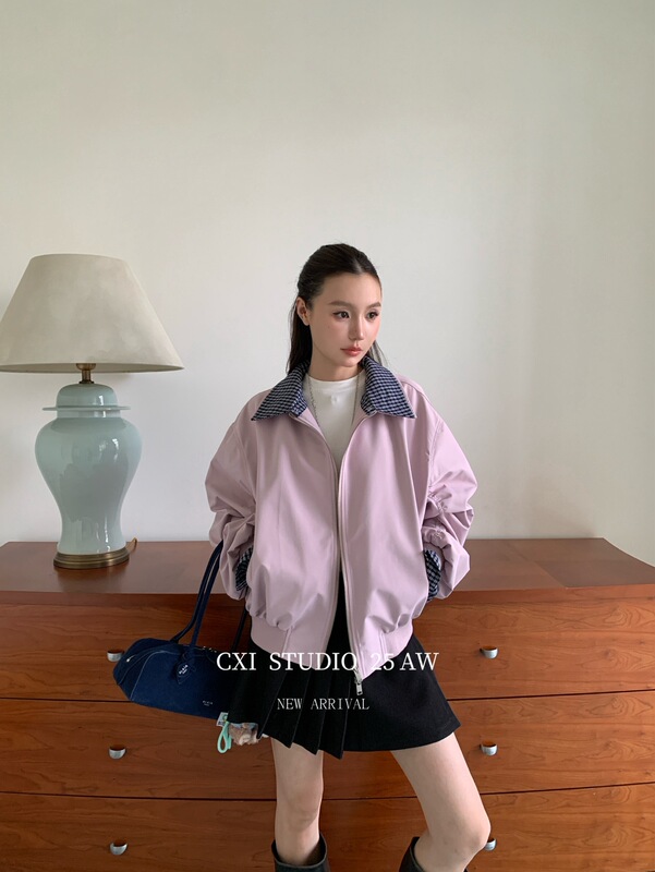 CXI 格纹百搭工装夹克女秋季流行美式格子上衣休闲宽松撞色外套|undefined