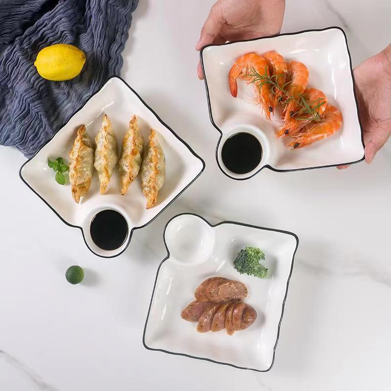 创意陶瓷盘子饺子盘带醋碟早餐分格餐盘家用菜碟子日式餐具方盘