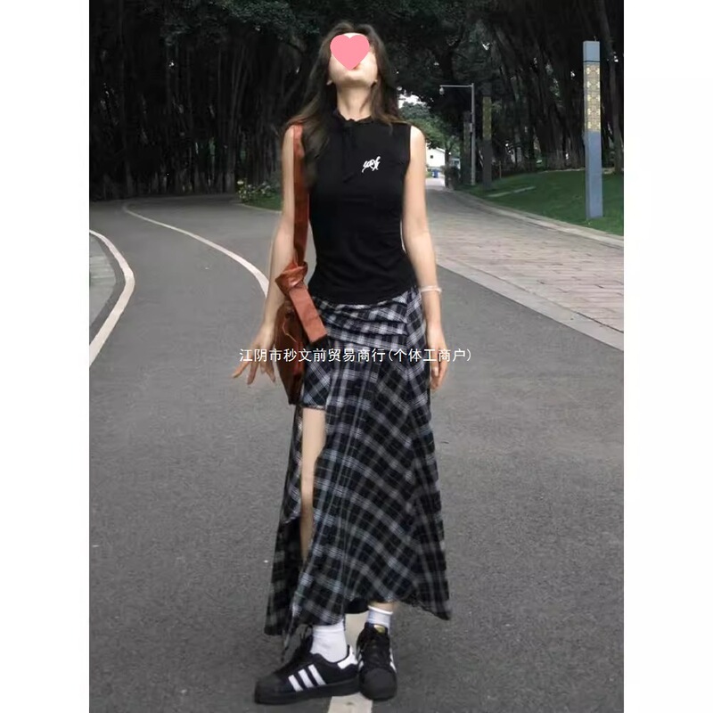 [210g 40-Count Fine Cotton 1*1] Korean-Style Design Black Lace-Up Sleeveless Vest for Women Summer Slim-Fit Top