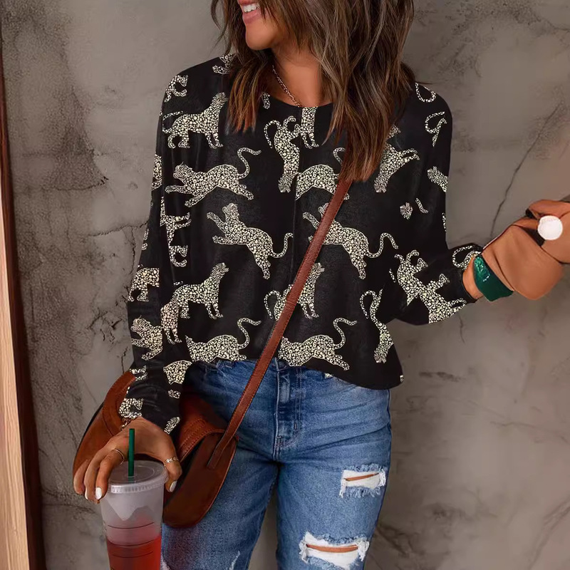 In-Stock Cross-Border European and American New Style Black Cheetah Print Long-Sleeve Pullover Women's Round-Neck Long-Sleeve T-Shirt