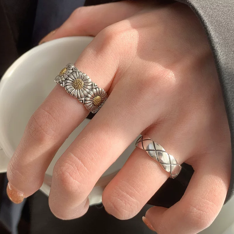 retro fashionable geometric ring hip-hop style, silver 925 sample, on index finger
