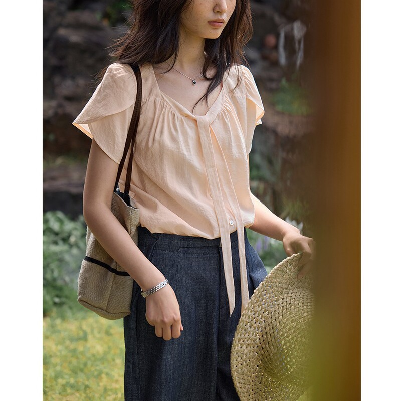 Soljghter French Lyocell Ribbon Petal Sleeve Shirt for Women Summer