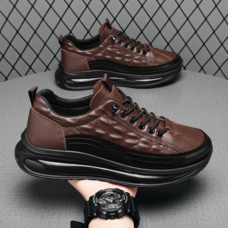 Cross-Border Lightweight Men's Leather Shoes, Retro Crocodile Pattern Men's Shoes, 2026 New Thick-Soled Casual Trendy Shoes, Trendy Men's Shoes