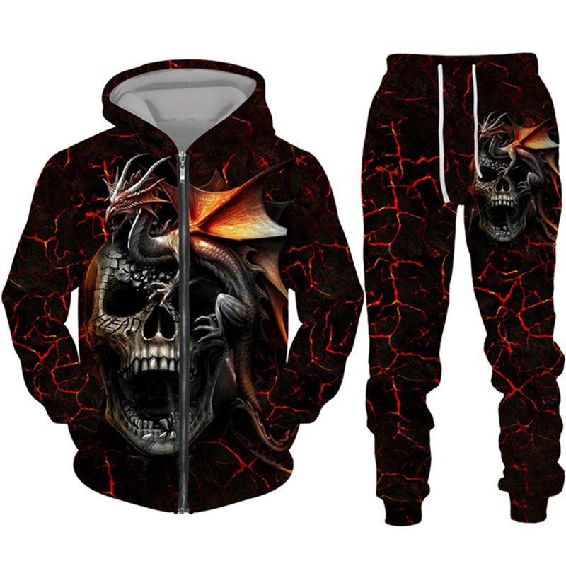 Comercio exterior transfronterizo impresión digital 3D chaqueta con capucha de calavera de terror de dos piezas para hombres europeos y americanos MF08-ML01