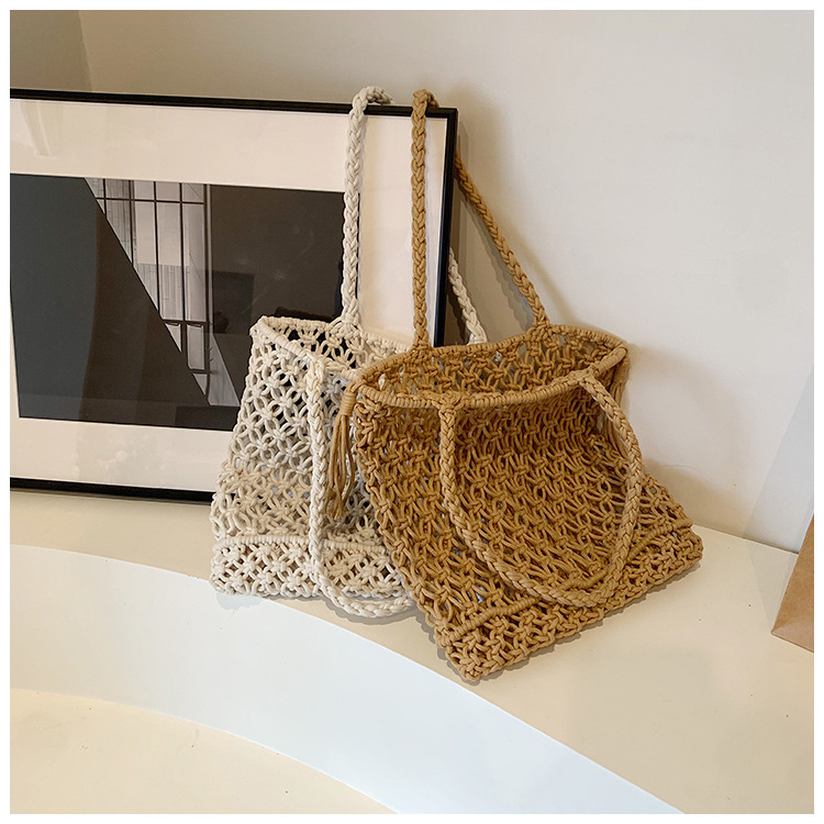 Women's Medium Cotton Rope Solid Color Vacation Beach Weave Hollow Open Handbag display picture 16