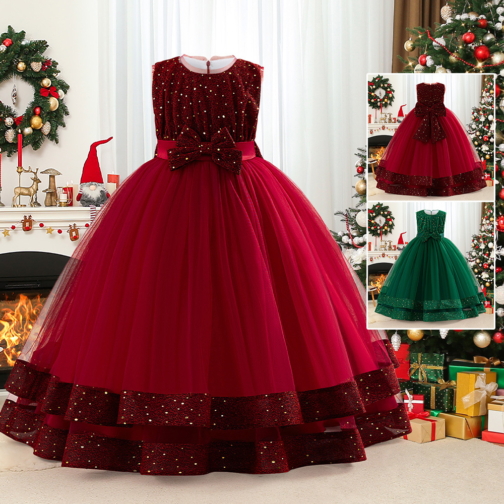 Nuevo vestido de noche de niñas transfronterizas vestido de princesa de navidad vestido de presentación vestido de arco de sequillas