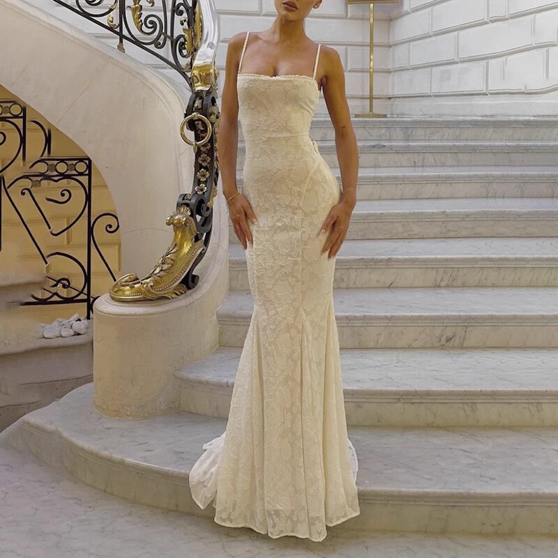 Foreign Trade Sexy Elegant Figure Waistband Lace Embossed Jacquard Super Long Fishtail Dress dress