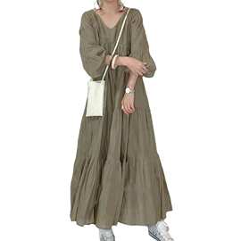 Women's Olive Green Tiered Maxi Dress橄榄绿V领泡泡袖蛋糕长裙