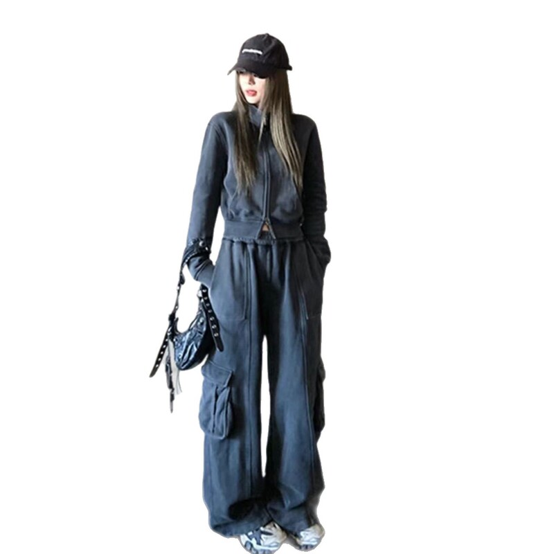 美式辣妹休闲运动套装女秋季时尚高级感工装卫衣阔腿裤宽松两件套|undefined