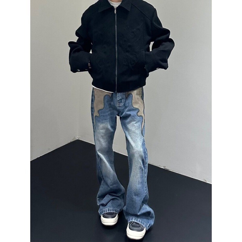 HY711 American Retro Flame Totem Design Washed Blue Straight Pants Jeans Men