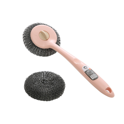 Household long-handled pot brush does not damage the pot, kitchen cleaning and pot washing with a brush to decontaminate dishes, steel wire ball brush pot artifact