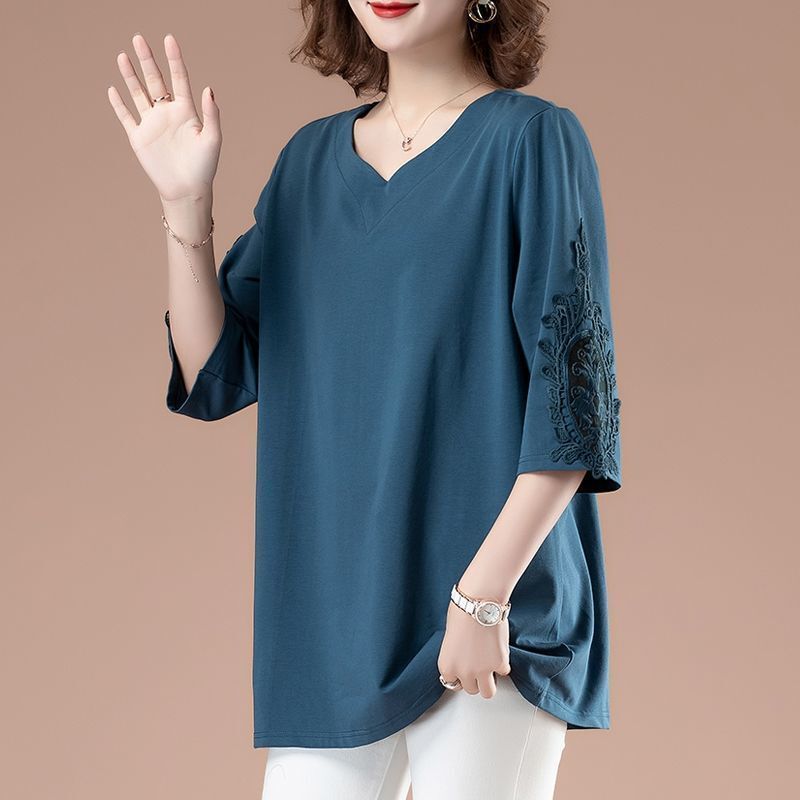 Cotton 2025 Spring and Autum New Large Size Three-Quarter Sleeve T-Shirt for Women Korean Style Loose Belly-Covering Slimming Look Middle-Aged Tops for Women