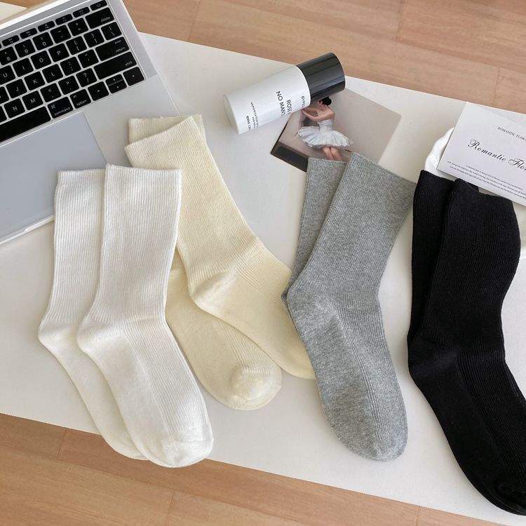 Spring Vertical Pattern Academic Style Heap Mid-Pile Socks Women's Thin Simple Calf Socks Legs Slim Look Cotton Socks All-match Korean Style