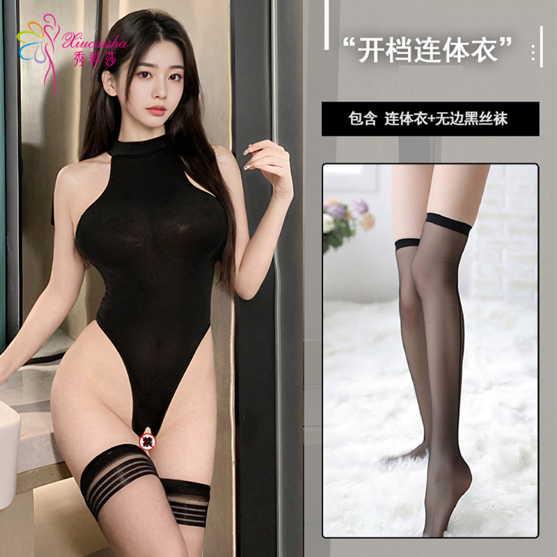 (블랙) 점프 수트 블랙 플랫 실크 스타킹