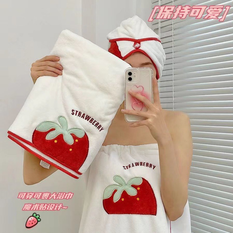 라즈베리 목욕 타월 여름 여성은 포장 물 흡수제를 착용 할 수 있습니다 빠른 건조 머리 귀여운 학생 드라이 헤어 모자 목욕 스커트 3 피스 세트