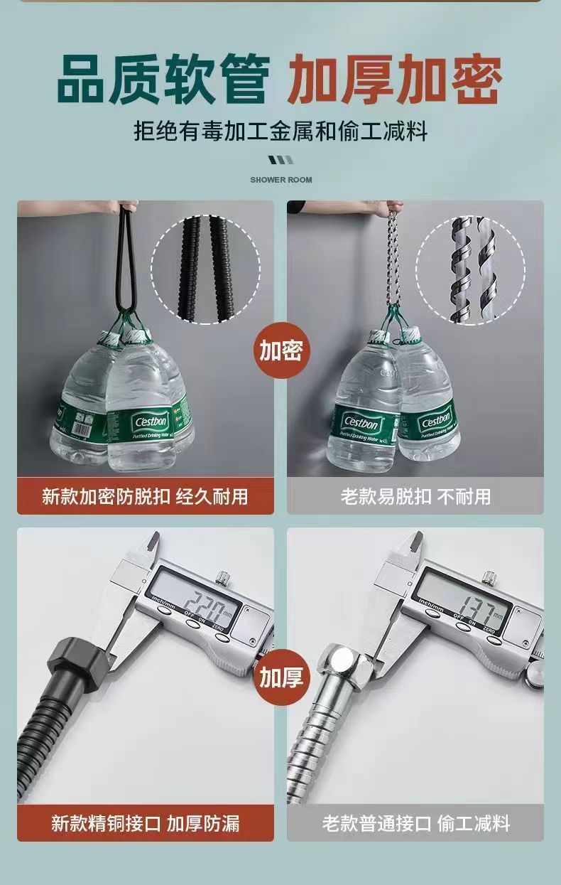 Description Picture 6 of item1.5/2/3M Stainless Steel Shower Hose High Pressure Replacement Spray Encryption Pipe Universal Titanium Gold Set