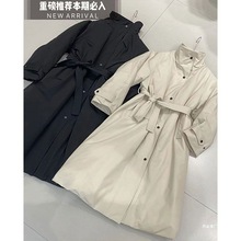 欧货2025冬新款时尚立领百搭系带90白鸭绒羽绒服宽松长款风衣外套