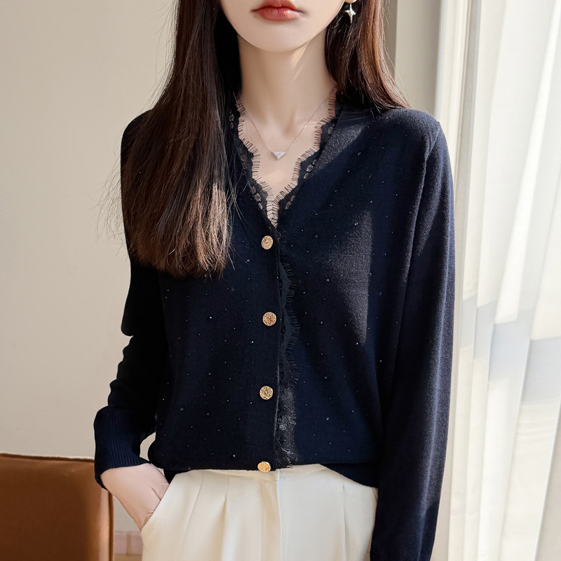 2026 Spring and Autumn New Thin Wool V-Neck Knitted Cardigan Long Sleeve Women's Lace Sequin Loose Top Outerwear